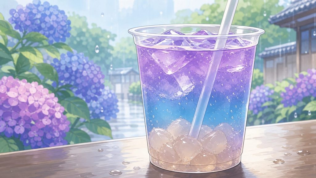 紫青のソーダの底で、わらびもちが梅雨の速度を変える
